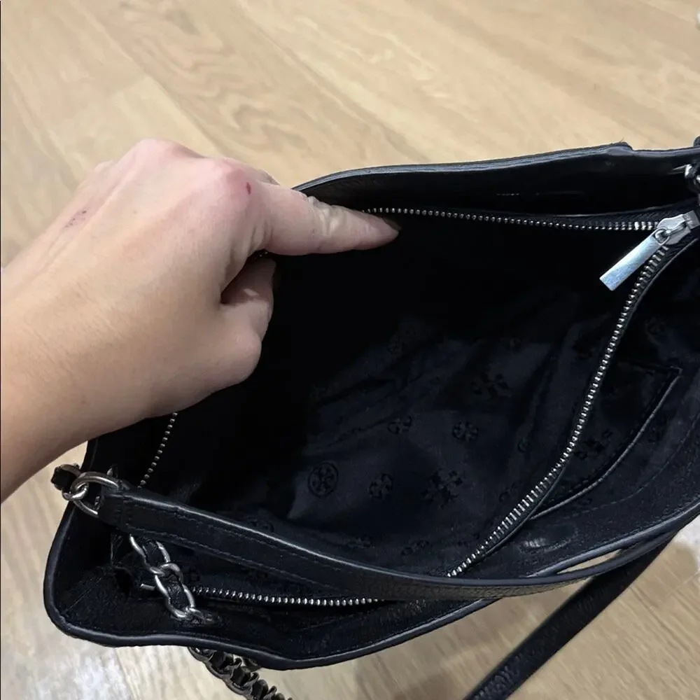 Tory Burch Britten Small Slouchy Tote Bag in Black Leather and Silver Hardware